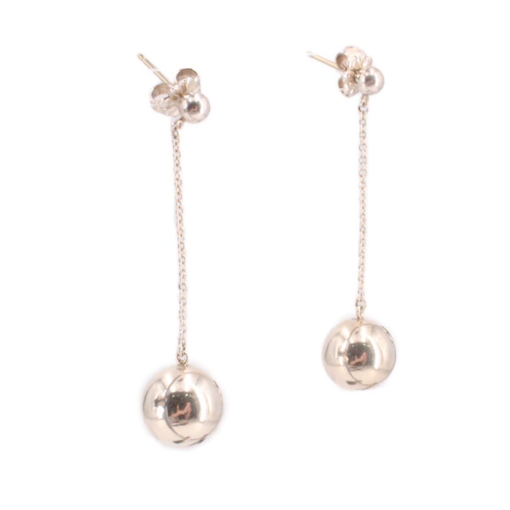 Ball drop earrings with small flower-like studs and long chain, round silver-tone dangles