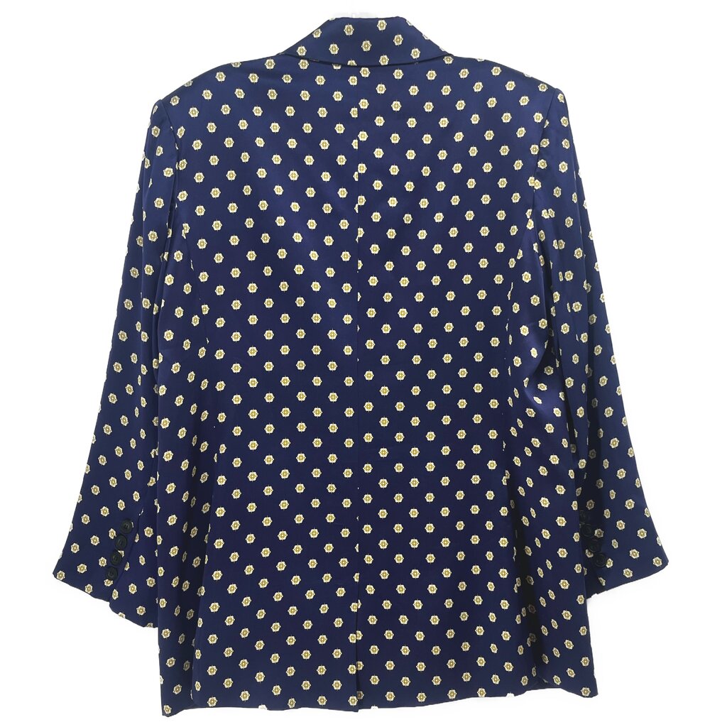 Women's navy blazer, back view, all-over small gold print and structured shoulders