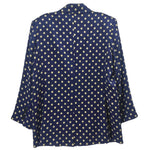 Women's navy blazer, back view, all-over small gold print and structured shoulders