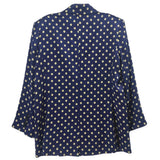 Women's navy blazer, back view, all-over small gold print and structured shoulders