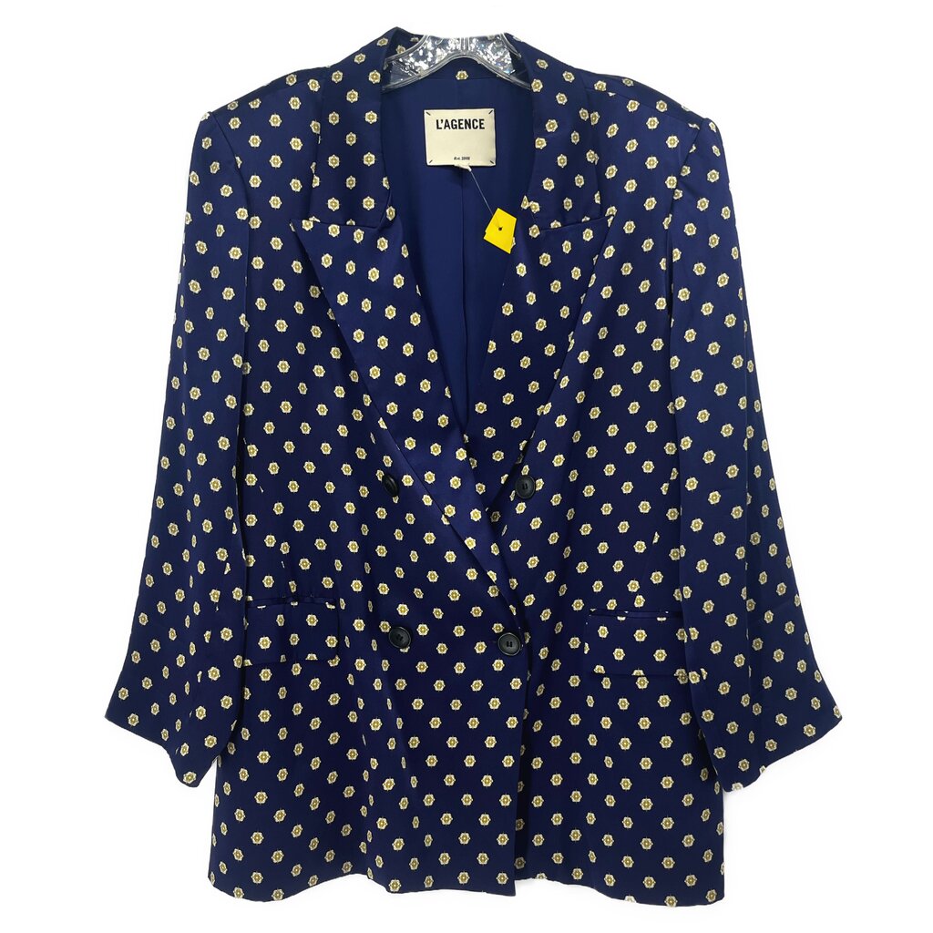 Women's navy blazer with all-over small gold print, notch lapels and button front