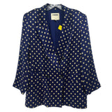 Women's navy blazer with all-over small gold print, notch lapels and button front