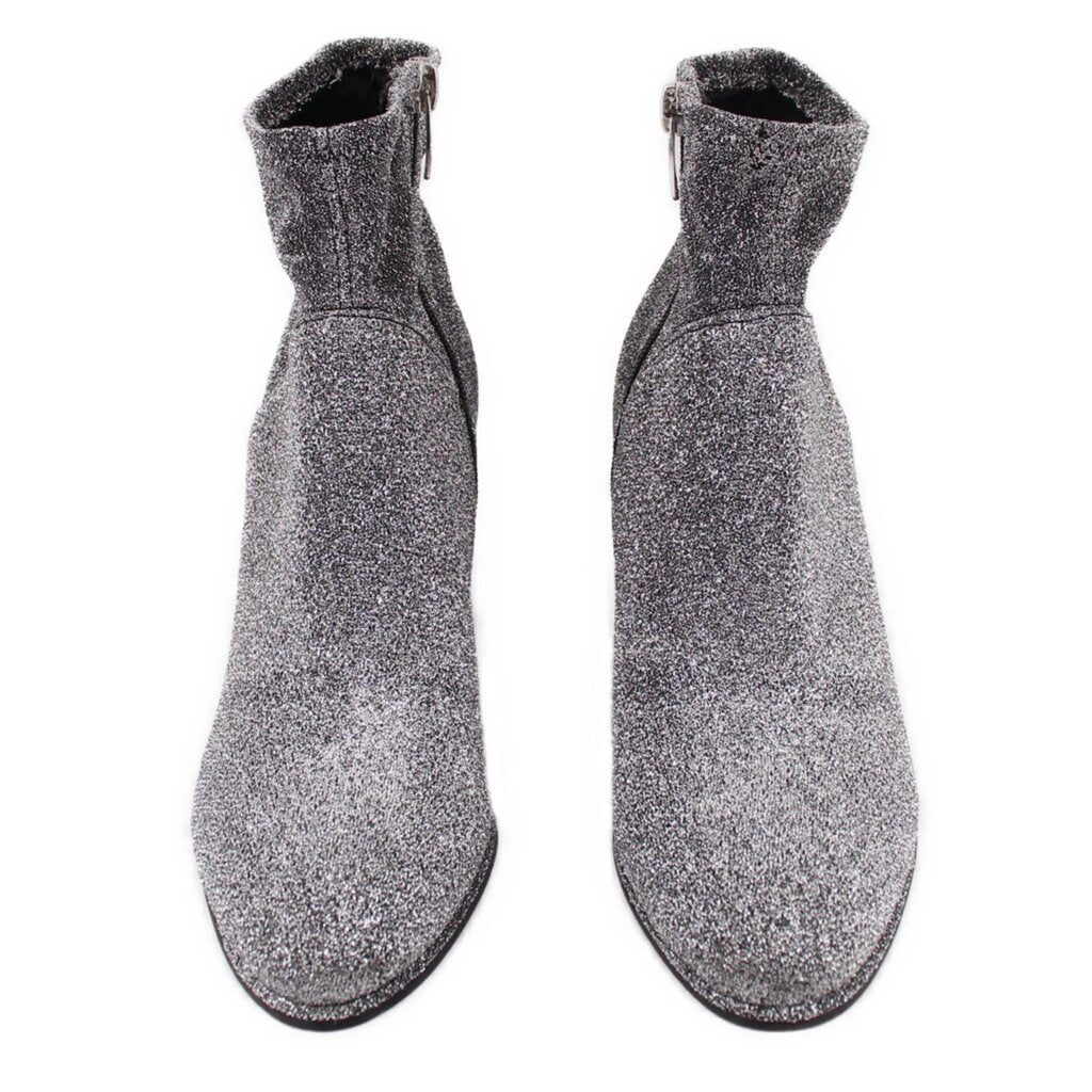 Metallic silver ankle bootie pair with side zippers and short shaft