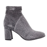 Metallic silver ankle bootie with textured sparkle and chunky block heel