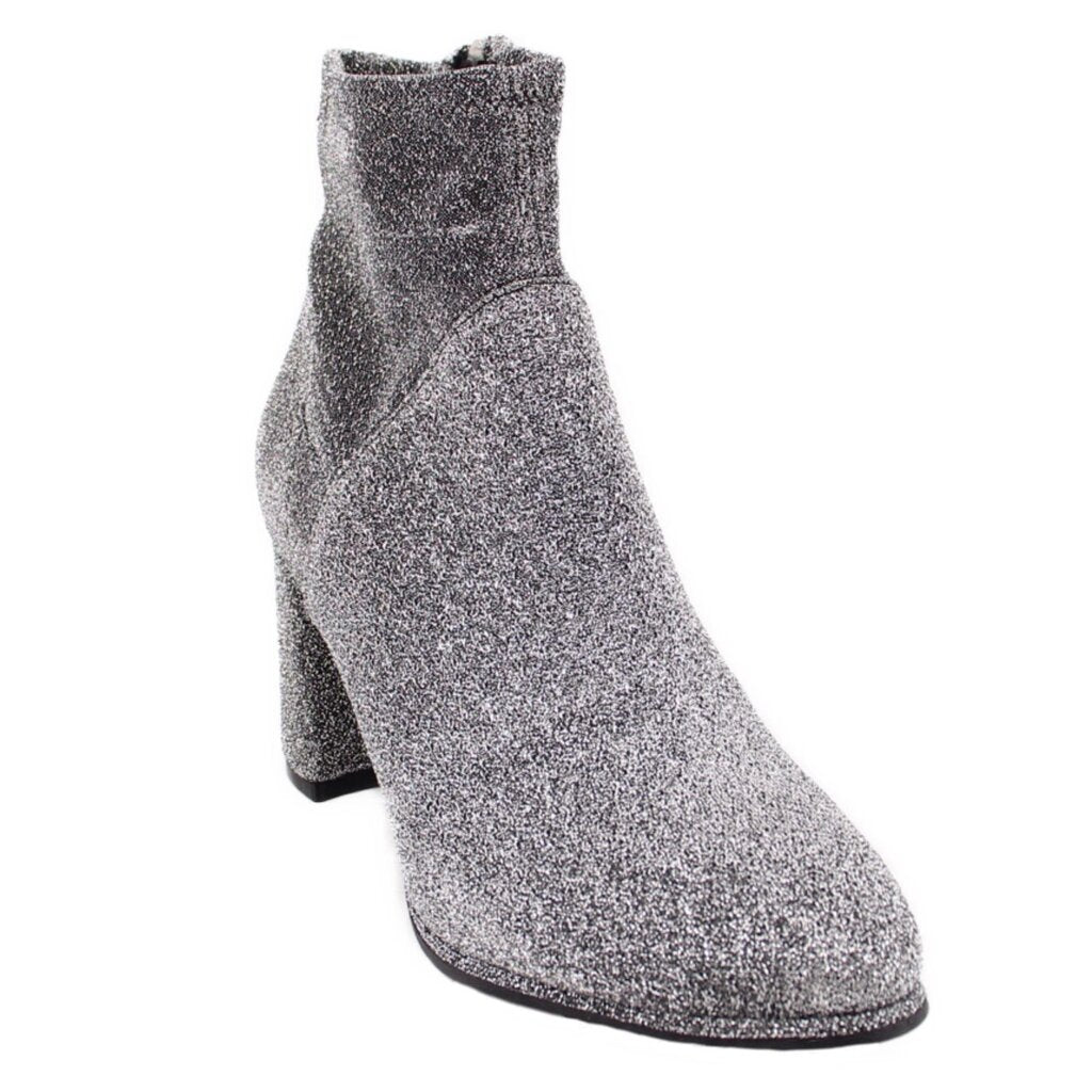 Metallic silver ankle bootie with textured sparkle and chunky block heel