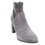Metallic silver ankle bootie with textured sparkle and chunky block heel