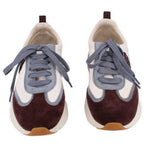 Tory Burch suede sneakers pair, white, brown, light-blue panels, gray lace ties