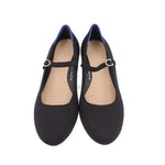 Black Mary Jane heels with buckled ankle strap and blue trim inside