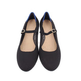 Black Mary Jane heels with buckled ankle strap and blue trim inside