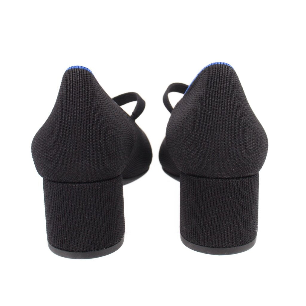 Black Mary Jane heeled shoes, back view with block heel and strap loop