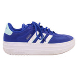 Blue lace-up sneakers with white midsole and three-stripe detail