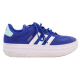 Blue lace-up sneakers with white midsole and three-stripe detail
