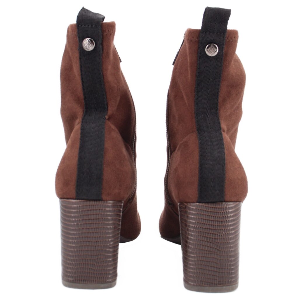 Brown faux suede ankle boots with dark elastic panel and textured block heel