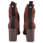Brown faux suede ankle boots with dark elastic panel and textured block heel