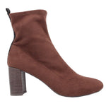 Brown faux suede ankle boot with chunky block heel and pull-on collar