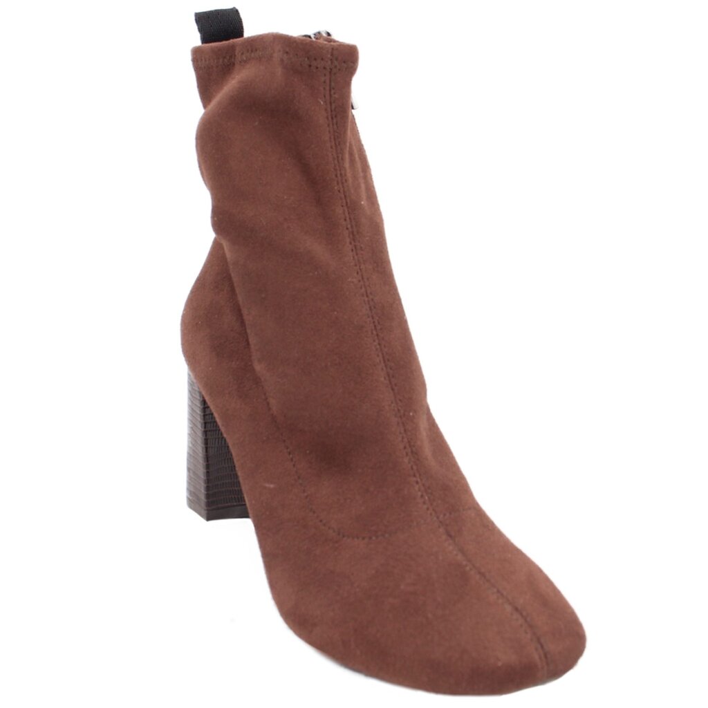 Brown faux suede ankle boots with block heel and side zipper detail