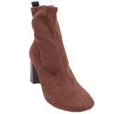 Brown faux suede ankle boots with block heel and side zipper detail