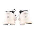 ON Cloud mesh sneakers heel view in white with black collar trim and pull loop