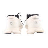 ON Cloud mesh sneakers heel view in white with black collar trim and pull loop