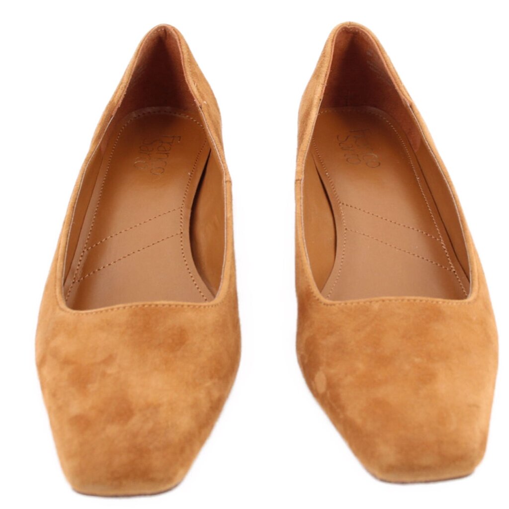 Camel suede pointed-toe slip-on pumps, padded interior