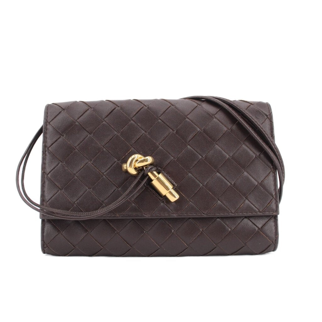 Chocolate woven leather crossbody pouch with flap and gold-tone turn-lock clasp