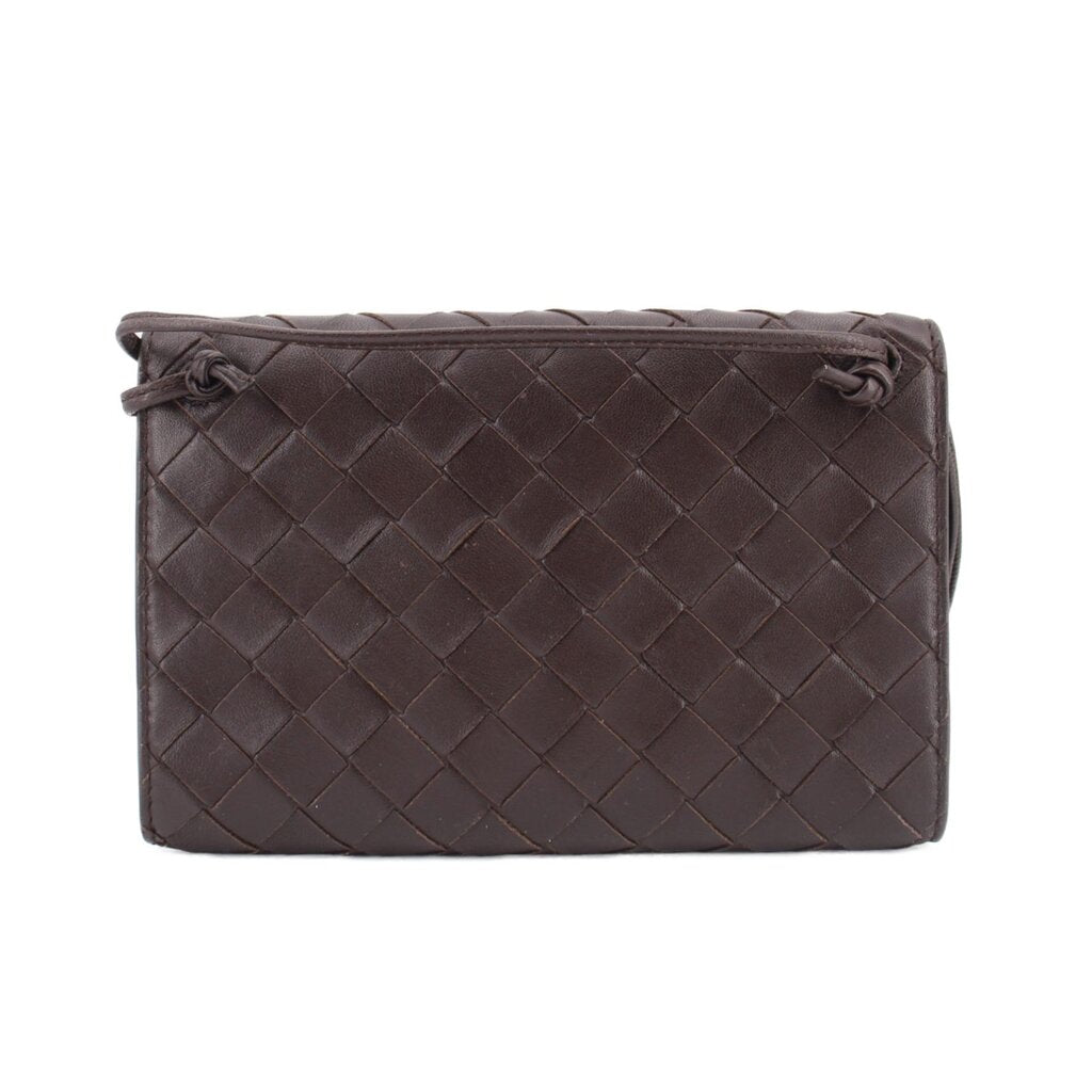 Chocolate woven leather crossbody pouch with top flap and braided handle loops