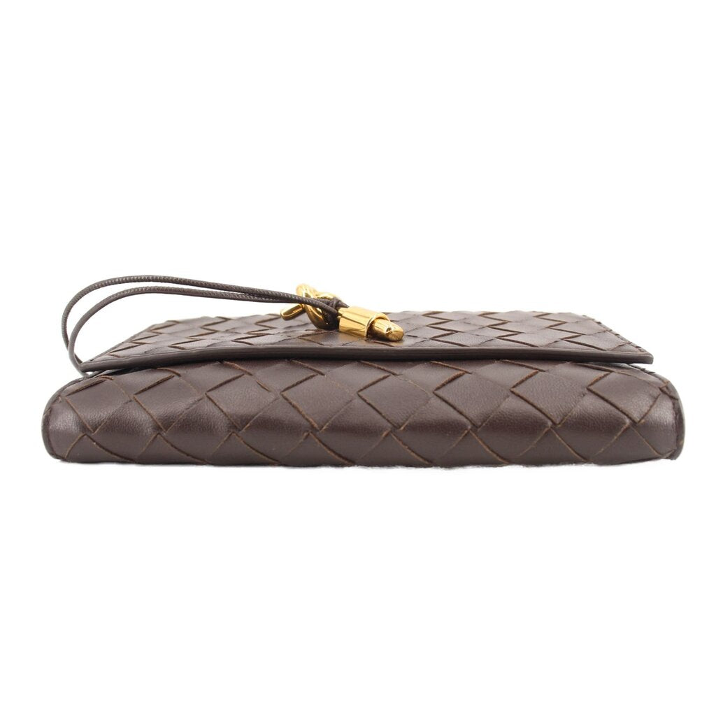 Chocolate woven leather pouch with flap, gold-tone clasp, and thin crossbody strap
