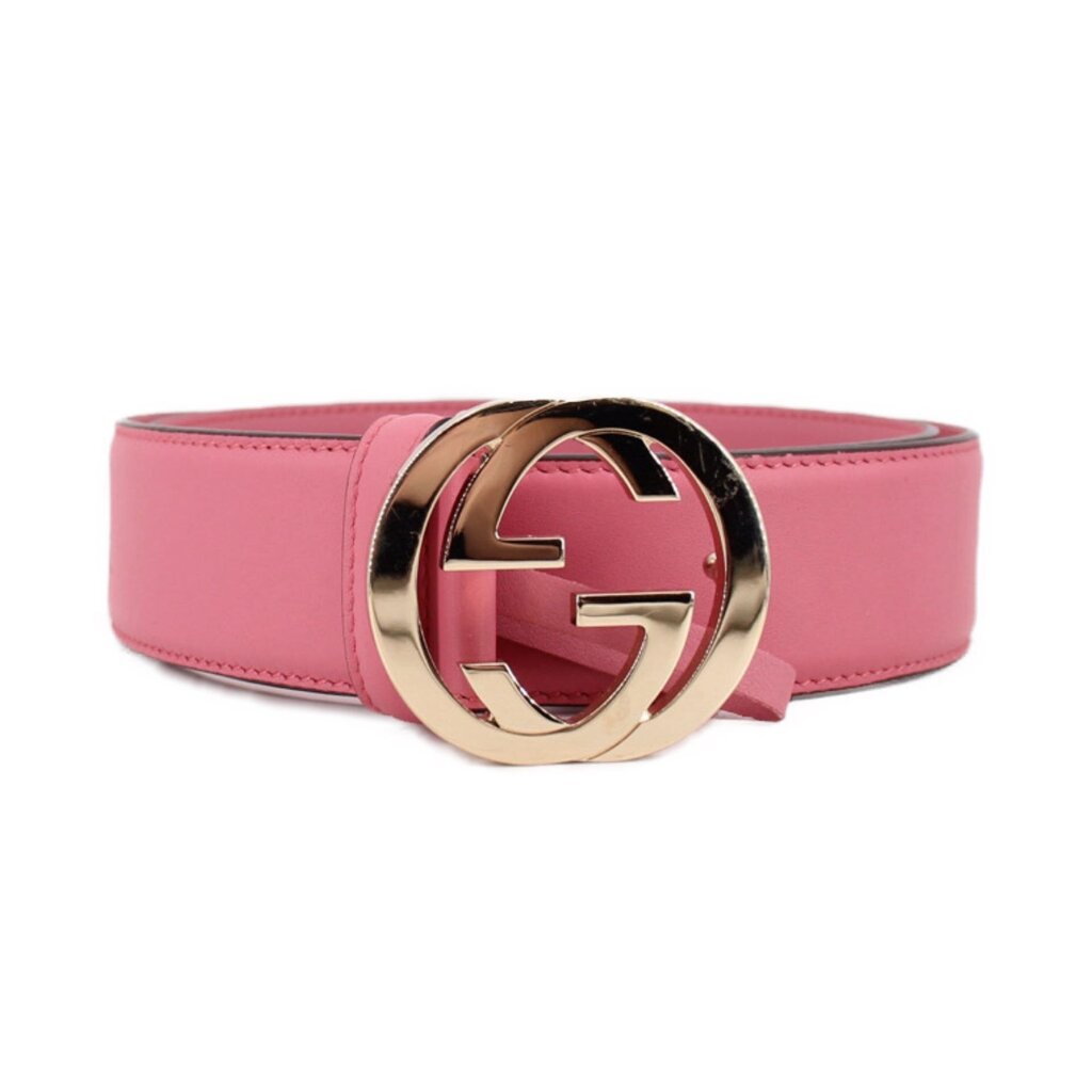 Pink leather belt with Gucci GG interlocking logo buckle, gold-tone ring