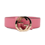 Pink leather belt with Gucci GG interlocking logo buckle, gold-tone ring