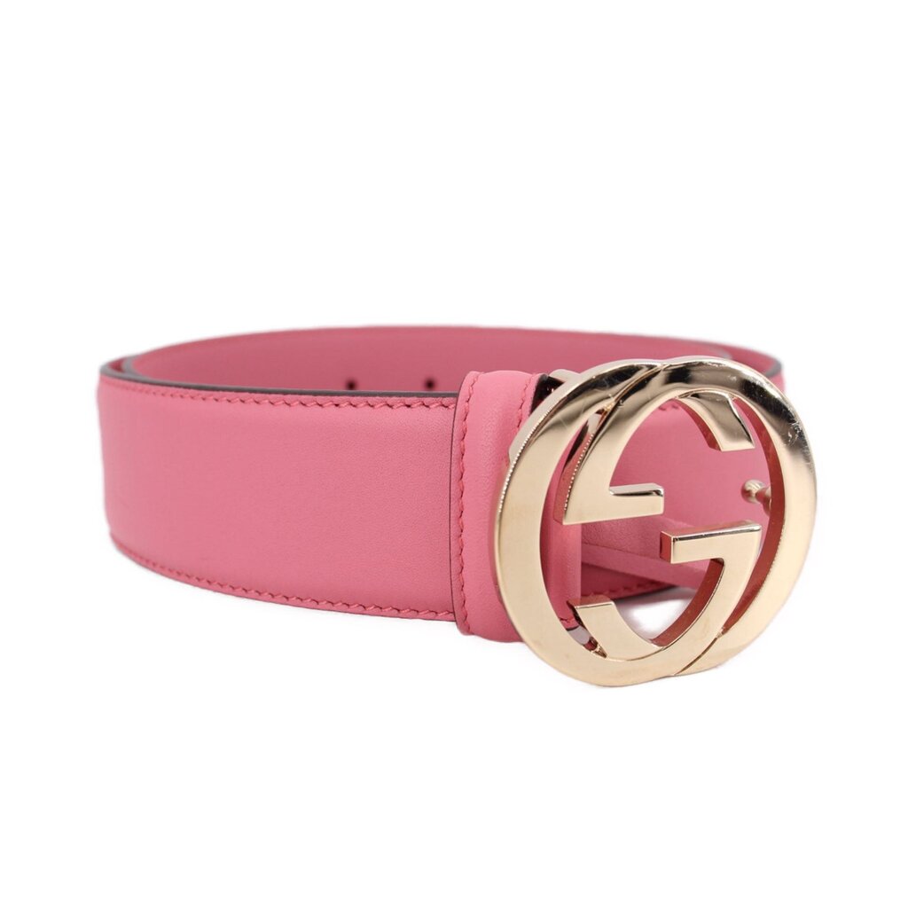 Pink leather belt with Gucci GG interlocking buckle, gold-tone hardware and keeper
