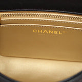CHANEL logo on interior lining of black mini crossbody bag with zipper trim