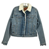 Blue denim jacket with sherpa fleece collar and button front, chest pockets