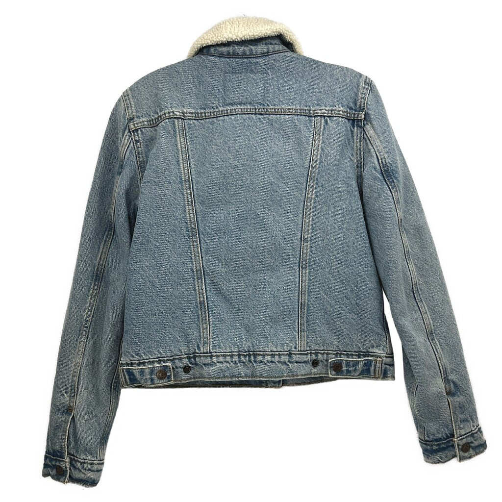 Blue denim jacket back view with sherpa-lined collar and yoke seams