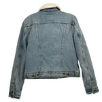 Blue denim jacket back view with sherpa-lined collar and yoke seams