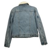 Blue denim jacket back view with sherpa-lined collar and yoke seams