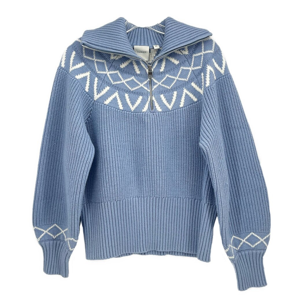 Blue knit pullover sweater with half-zip mock neck and geometric yoke pattern