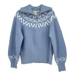 Blue knit pullover sweater with half-zip mock neck and geometric yoke pattern