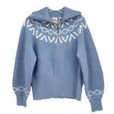 Blue knit pullover sweater with half-zip mock neck and geometric yoke pattern