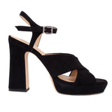 Black suede platform sandal with buckle ankle strap and block heel