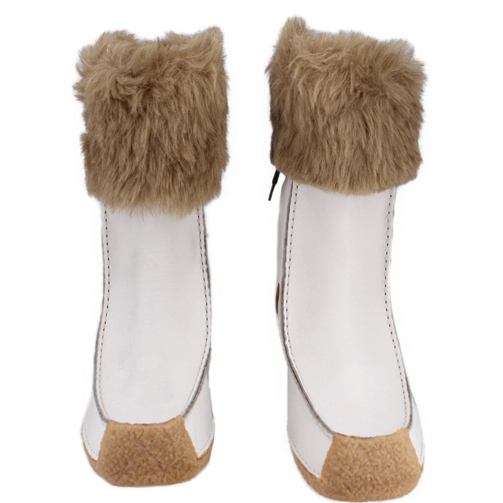 Pair of white moccasin boots with tan faux-fur cuffs and contrast brown outsoles