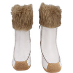 Pair of white moccasin boots with tan faux-fur cuffs and contrast brown outsoles