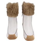 Pair of white moccasin boots with tan faux-fur cuffs and contrast brown outsoles