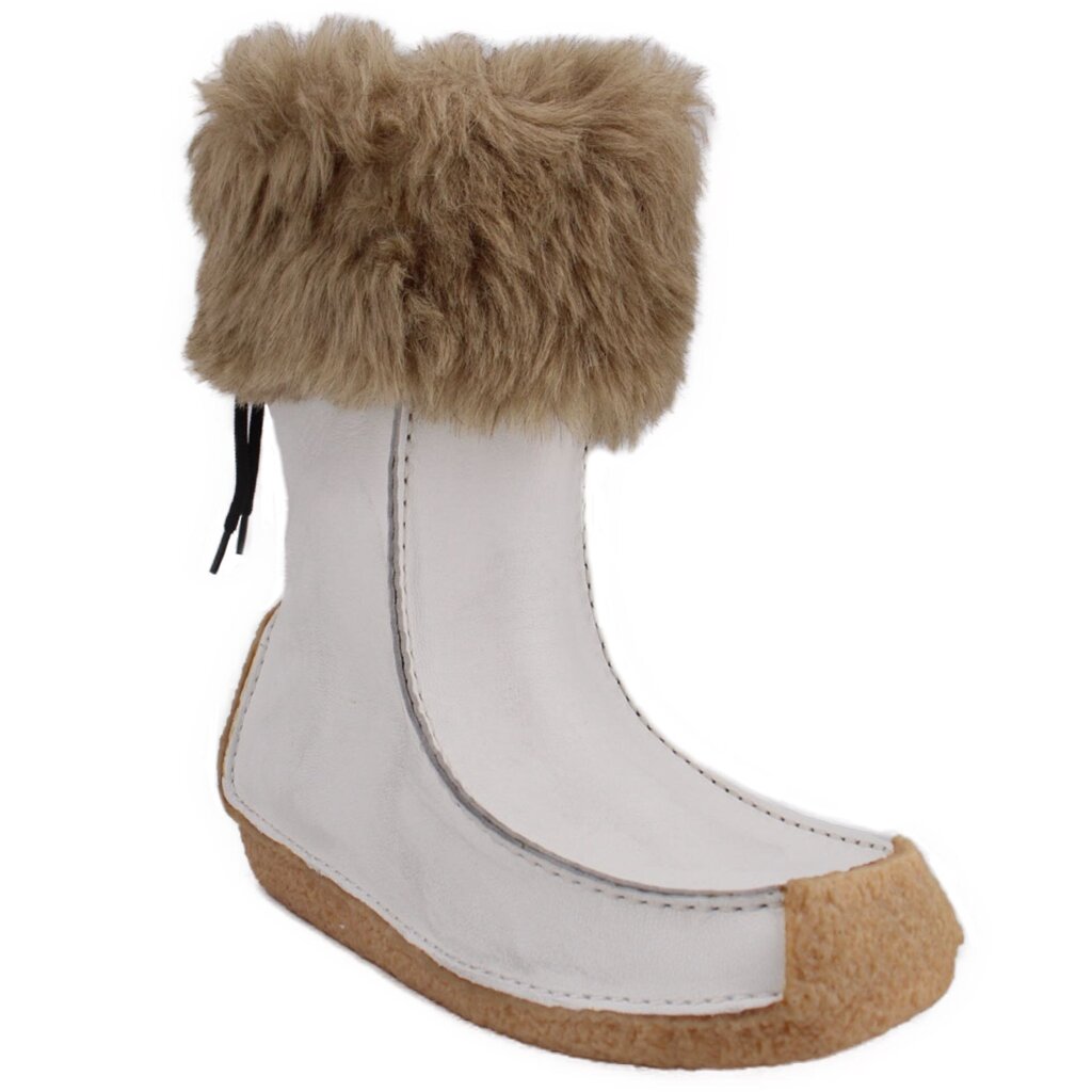 White moccasin boots with tan faux-fur cuff and stitched low sole