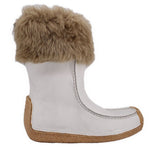 White moccasin boots with tan faux-fur cuff and brown suede heel trim