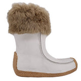 White moccasin boots with tan faux-fur cuff and brown suede heel trim