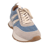 MONCLER Pacey sneakers with beige suede panels and blue denim, lace-up.