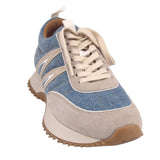 MONCLER Pacey sneakers with beige suede panels and blue denim, lace-up.