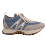 MONCLER Pacey lace-up sneakers in blue denim with beige overlays and rugged sole.