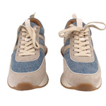 MONCLER Pacey sneakers with beige laces, blue denim upper and textured outsole.