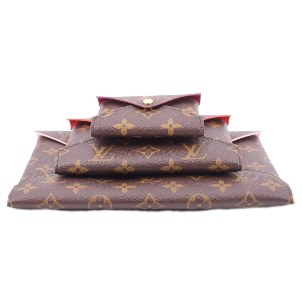Monogram canvas Kirigami pouch set stacked with front flap and snap closure